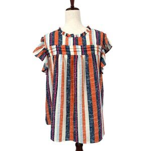 Striped Ruffled Cap-Sleeve Top - Navy, Orange & White